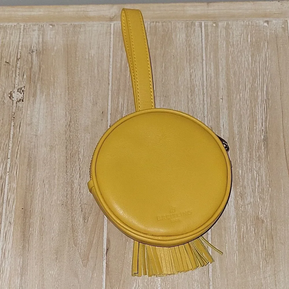 Breitling Travel Watch Case Bag Pouch Yellow Leather Round Wristlet Fringe